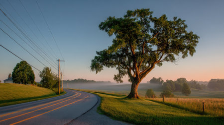 A serene morning landscape featuring a winding road and a majestic tree. The soft fog and sunlight create a peaceful atmosphere in rural surroundings.の素材