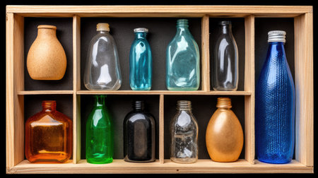 A visually striking arrangement of vintage glass and plastic bottles showcasing various shapes and colors. Ideal for decoration or artistic use.の素材