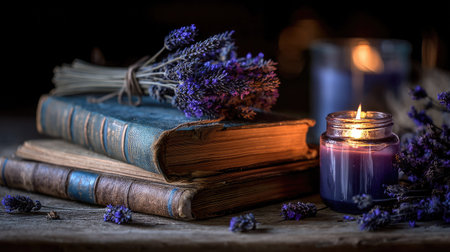 A cozy still life featuring vintage books, lavender flowers, and soft candlelight, creating a warm and inviting atmosphere perfect for relaxation and reading.の素材