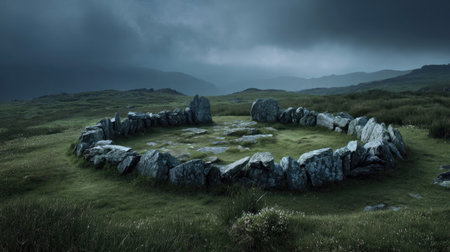 Discover an ancient circular stone structure within a lush green landscape under dramatic skies. This tranquil scene captures the allure of history and nature.の素材