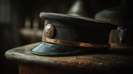 A vintage military hat rests elegantly on a wooden table, showcasing its detailed craftsmanship and historical significance, perfect for use in thematic projects or exhibitions.の素材