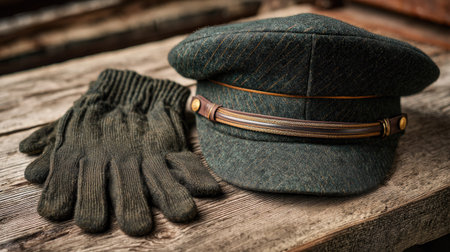 A vintage green cap paired with warm gloves resting on a rustic wooden table, evoking a sense of nostalgia and comfort in a cozy setting.の素材