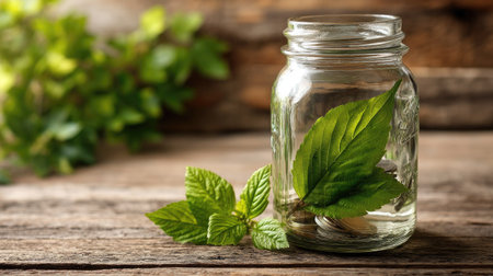 A serene still life featuring fresh green leaves inside a glass jar placed on a rustic wooden table. Ideal for themes of nature, freshness, and wellness.の素材