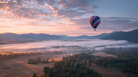 A vibrant hot air balloon soars above a serene valley at sunrise, casting shadows over the misty landscape and offering a breathtaking aerial view of nature.の素材