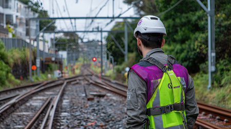 A safety professional inspects train tracks in an urban area, showcasing the importance of railway safety and maintenance in modern transportation systems.の素材