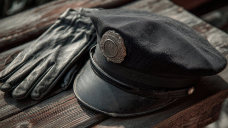 A vintage police hat paired with leather gloves rests on a weathered wooden surface, evoking nostalgia and a sense of history in law enforcement.の素材
