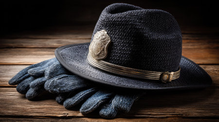 This image features a vintage police hat paired with gloves, resting elegantly on a wooden table. The composition highlights timeless accessories of law enforcement.の素材