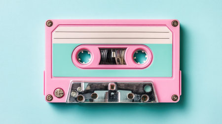 A vibrant vintage pink cassette tape set against a soothing blue background. This retro object evokes nostalgia and captures the essence of musical history, perfect for creative projects and designs.の素材
