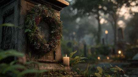 A serene cemetery scene at dusk featuring a candle and a floral wreath on a gravestone. The atmosphere conveys peace, remembrance, and tranquility.の素材