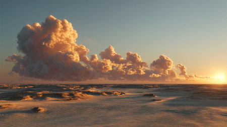 A breathtaking view of a sunset casting warm hues over tranquil desert dunes, with billowing clouds adding depth to the serene atmosphere.の素材