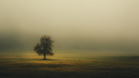 A solitary tree stands amidst a foggy landscape at dawn, bathed in soft light. The tranquil scene captures the essence of solitude in nature.の素材