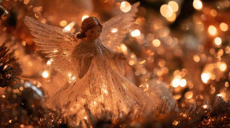 A beautiful Christmas angel ornament stands elegantly among glowing lights. The warm ambiance creates a festive atmosphere, perfect for holiday celebrations.の素材