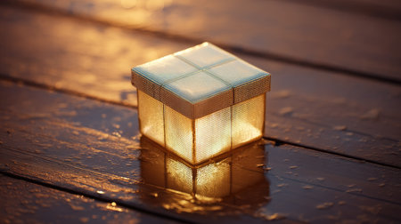 A beautifully illuminated gift box resting on a wet surface, capturing warm light reflections. This image evokes feelings of joy and celebration, perfect for holiday themes.の素材