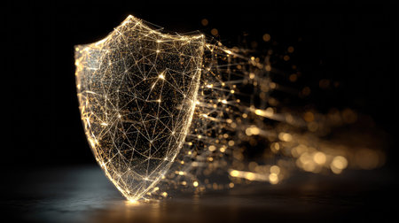 A stunning digital shield design symbolizing advanced security and protection. The artwork features glowing lines and intricate patterns, creating a futuristic feel.の素材
