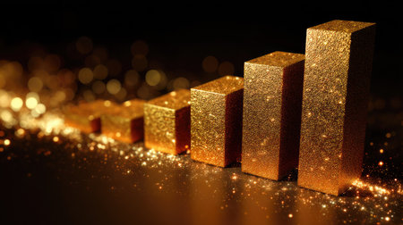 Golden bars represent financial growth against a shimmering background. This image symbolizes success, investment, and economic progress for business concepts.の素材