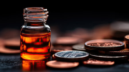 A glass bottle filled with amber liquid sits among shiny copper coins, creating an intriguing composition that symbolizes finance and wealth. The contrast of colors and textures adds depth.の素材
