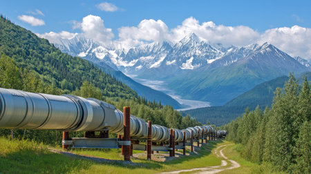 This image showcases a series of pipelines running through a stunning mountainous landscape, surrounded by lush greenery and a clear blue sky.の素材