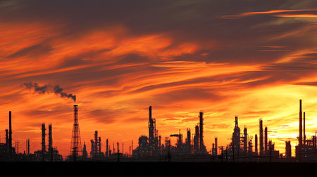 A stunning industrial landscape at sunset, featuring silhouettes of factories and machinery against a vibrant sky filled with dramatic clouds and colors.の素材