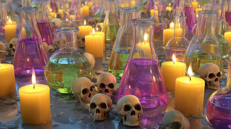 A captivating lab scene featuring colorful liquids in glass beakers and flasks, surrounded by flickering candles and skulls, creating a spooky atmosphere perfect for Halloween or themed events.の素材