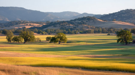 A stunning landscape featuring rolling hills and expansive fields under soft sunlight during golden hour. The serene scene is dotted with lush trees and distant mountains.の素材