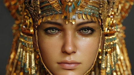 This captivating portrait features an ancient Egyptian queen adorned with elaborate golden jewelry and a magnificent headpiece, showcasing beauty and culture.の素材