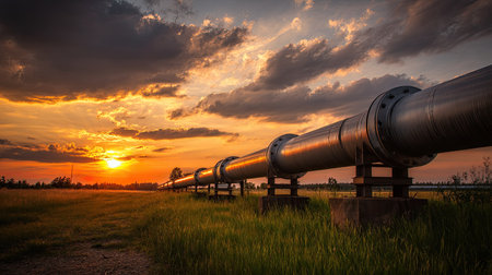 A stunning sunset illuminates a long metal pipeline stretching through a lush open field. The dramatic clouds enhance the serene yet industrial atmosphere of this landscape.の素材