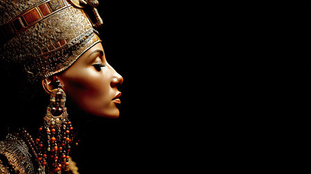 A striking profile of a woman adorned in intricate ancient Egyptian jewelry, showcasing elegance and heritage with rich textures and dramatic lighting.の素材