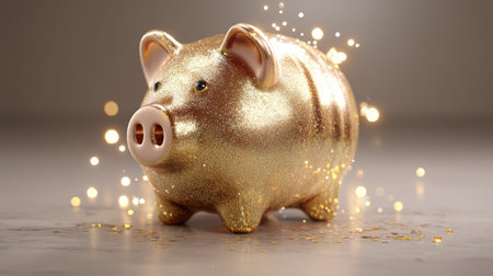 A charming gold piggy bank adorned with glitter sparkles, perfect for representing savings and finance in a fun and artistic way. Ideal for creative projects.の素材