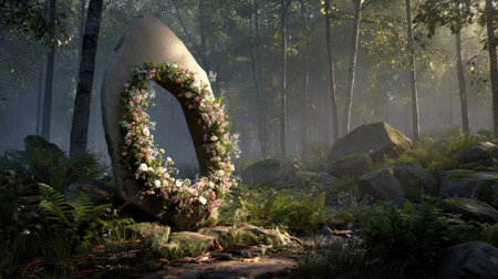 This enchanting forest scene features a floral decorated stone archway surrounded by lush greenery. The dappled sunlight filters through the trees, creating a serene and tranquil atmosphere.の素材