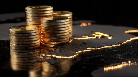 Golden coins arranged in stacks create a striking visual on a dark surface reflecting a map. Ideal for finance and investment themes.の素材