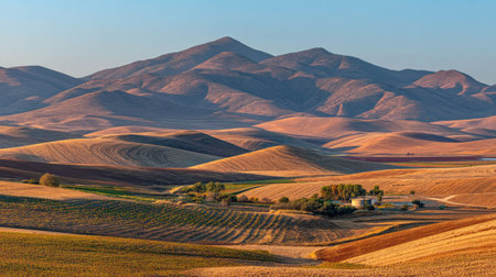 A breathtaking view of golden fields and rolling hills under a clear sky at sunset, showcasing the tranquility and beauty of rural landscapes.の素材