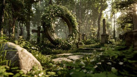 A tranquil cemetery scene featuring a circular arch overgrown with flowers. Soft sunlight filters through the trees, creating a serene atmosphere among stone graves.の素材