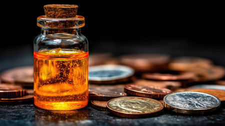 This captivating image features a glass bottle filled with orange liquid set amidst a collection of assorted coins, symbolizing wealth and finance.の素材