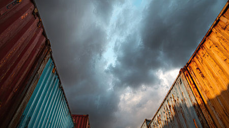This image captures a striking view of industrial containers flanking a dramatic cloudy sky at dusk. The vibrant colors and textures create a captivating atmosphere.の素材