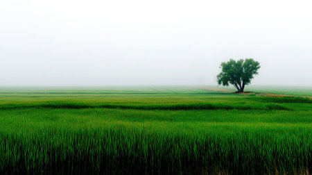 A serene misty morning landscape featuring lush green fields and a solitary tree, capturing the tranquility of nature in a peaceful rural setting.の素材