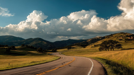 Breathtaking view of a winding road through a vibrant green valley, surrounded by hills and dramatic clouds, perfect for travel and exploration themes.の素材