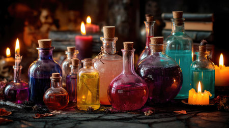 A captivating arrangement of colorful glass bottles filled with various liquids, surrounded by flickering candles, creating a mystical and enchanting atmosphere.の素材