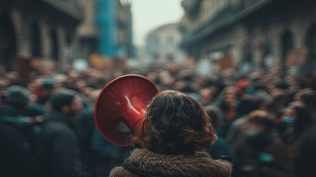A person holds a red megaphone, leading a crowd in a passionate urban protest. The image conveys the spirit of activism and the call for change, showcasing unity in a public space.の素材