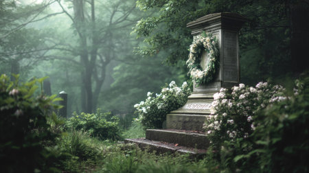 A tranquil cemetery scene featuring a stone monument adorned with a floral wreath, surrounded by lush greenery and a mystical fog, ideal for remembrance themes.の素材