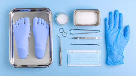 High-quality image of medical tools and a silicone foot model on a blue background, ideal for healthcare, clinic, or surgical themes in various projects.の素材