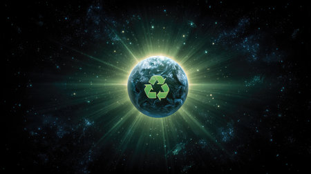A stunning visual of Earth featuring a recycle symbol, illuminated by cosmic light. This image represents sustainability and environmental awareness in a celestial context.の素材