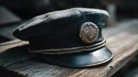 A vintage military cap showcasing a metallic emblem rests on a weathered wooden surface, highlighting its unique craftsmanship and historical significance.の素材