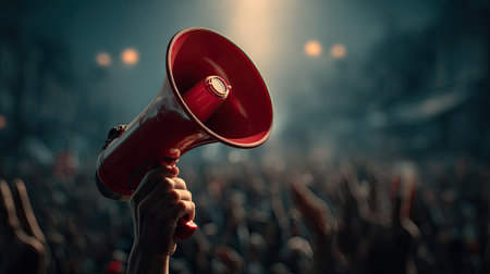 A vibrant red megaphone is raised high in the air during a nighttime event, symbolizing communication and activism in a lively crowd scene.の素材