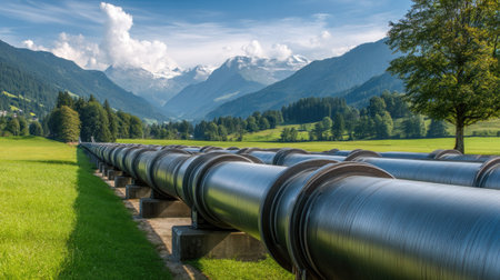 A vibrant landscape featuring a long industrial pipeline set against majestic mountains and lush green grass, showcasing the harmony between nature and infrastructure.の素材