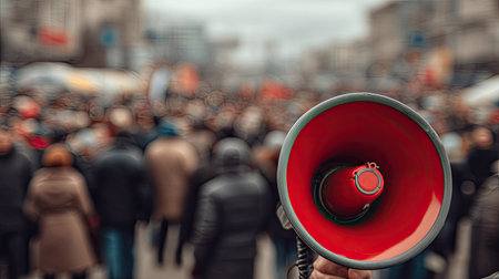 A vibrant protest scene captures a red megaphone in focus, symbolizing activism and community voice amid a blurred crowd, evoking passion and unity.の素材