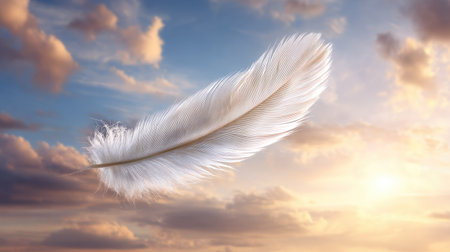 A stunning white feather floats gently in the air, set against a vibrant sunset sky filled with soft clouds. This serene image embodies peace and tranquility in nature.の素材