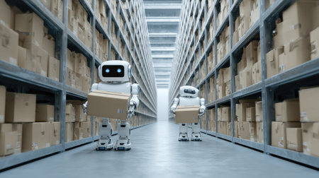 Two friendly robots are engaged in warehouse operations, carrying boxes along a neatly organized aisle filled with cardboard packages, showcasing automation.の素材