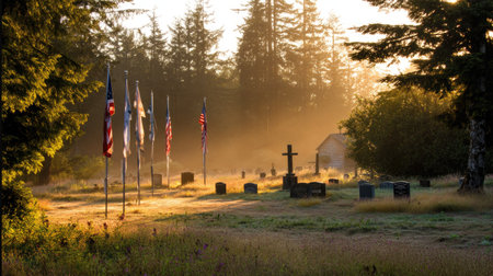 Serene cemetery scene captures a tranquil sunrise with flags and trees. Sunlight filters through fog, creating a peaceful atmosphere perfect for reflection.の素材