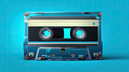 This image features a vintage cassette tape resting on a bright blue background, evoking nostalgia for music lovers and retro enthusiasts alike.の素材