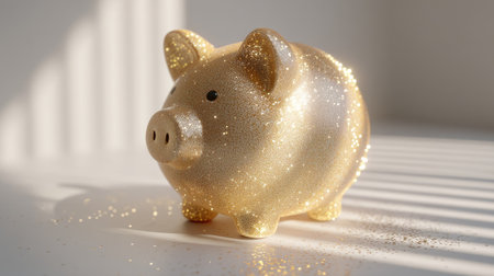 A charming golden glitter piggy bank sits on a white surface, illuminated by soft sunlight. The shimmering surface reflects light, creating a joyful atmosphere perfect for savings themes.の素材